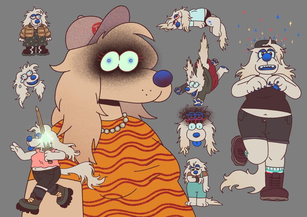 drawings of a wonderful cartoon dog woman with curly long ears and tail.