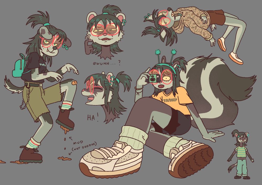 Drawings of an animal girl as different animals: a dog, ferret, deer, and skunk. That is mud not doodoo.
