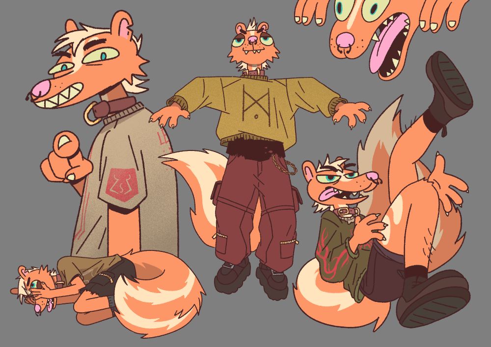 Drawings of a creamsicle skunk wearing earth tones. They appear to be a bit rascally.