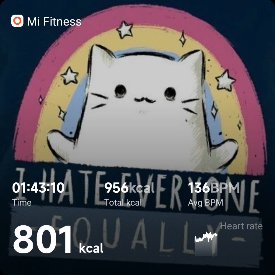 Dados do meu treino de hoje: 801kcal ativas e 956kcal totais, 136bpm médio em 1h43m10s.

De fundo, o desenho de um gatinho branco com os bracinhos abertos e lê-se "I hate everyone equally" na parte de baixo da imagem.
