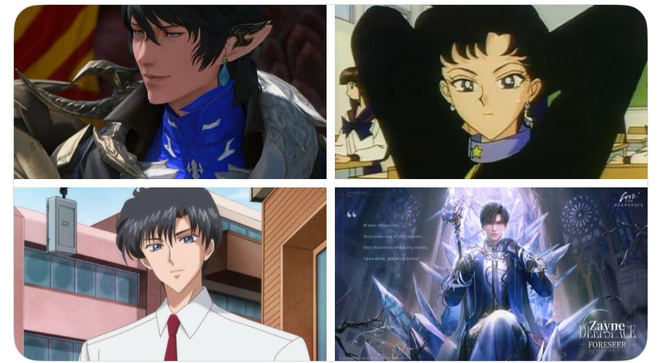 A collage of the characters starting from the top left to the bottom right:

Aymeric from FF14
Seiya from Sailor Moon
Darren/Mamoru from Sailor Moon
Zayne from Love and Deepspace