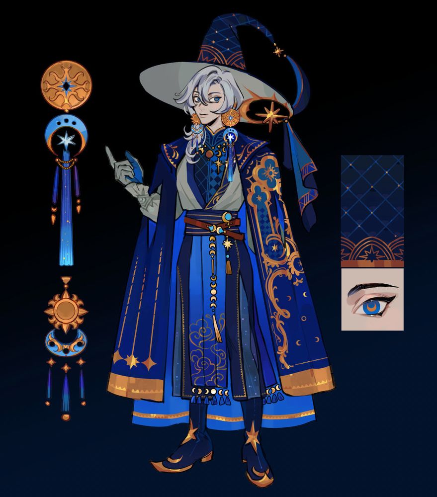 a custom character design of a mage with sun and stars motifs adoring his attire