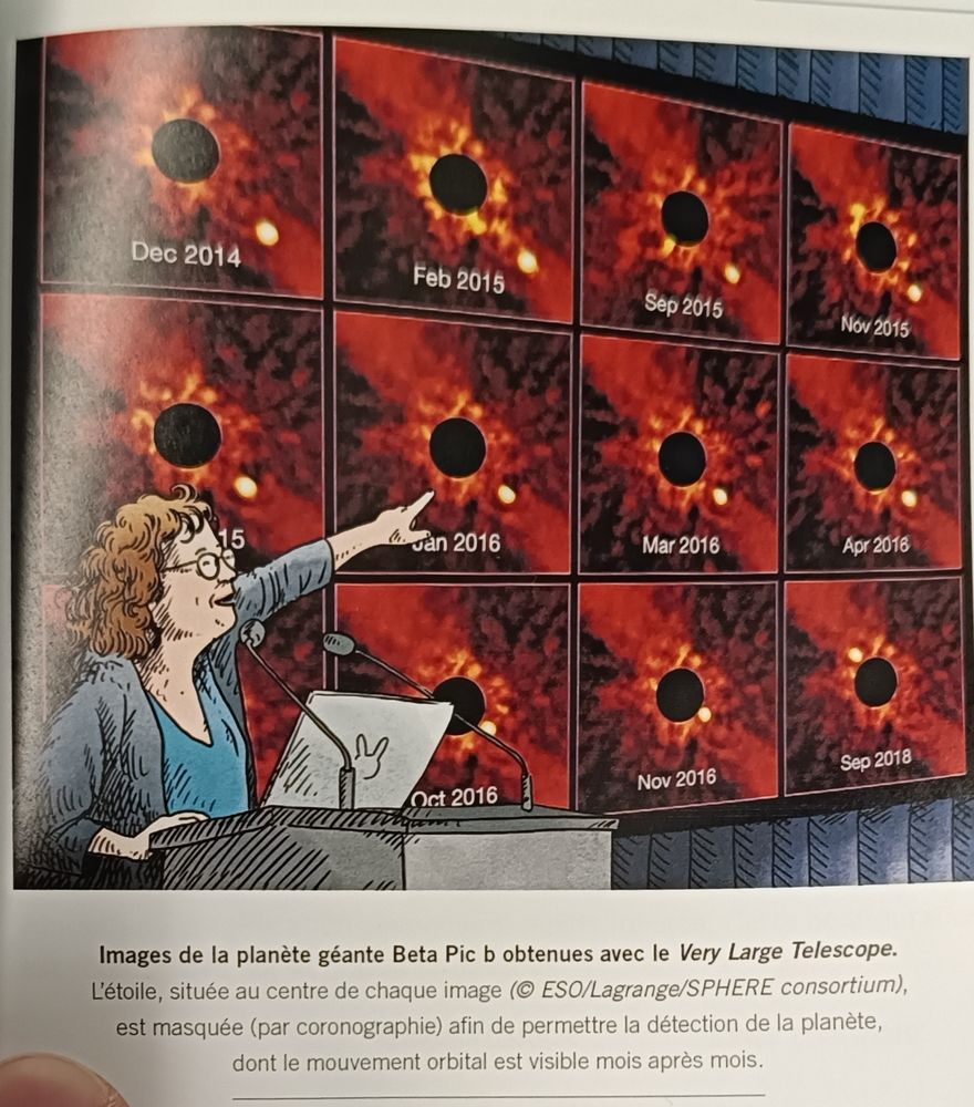 Des images coronographiques de la planète Beta Pictoris b, prises à quelques années d'écart avec l'instrument SPHERE au VLT, montrant son déplacement d'un côté à l'autre de son étoile. Une chercheuse présente les résultats, figurant indubitablement Anne Marie Lagrange.
