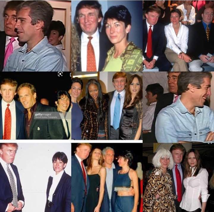 a collage shows photos of trump with jeffrey epstein and with Ghislaine Maxwell at different times in the 90s and 2000s