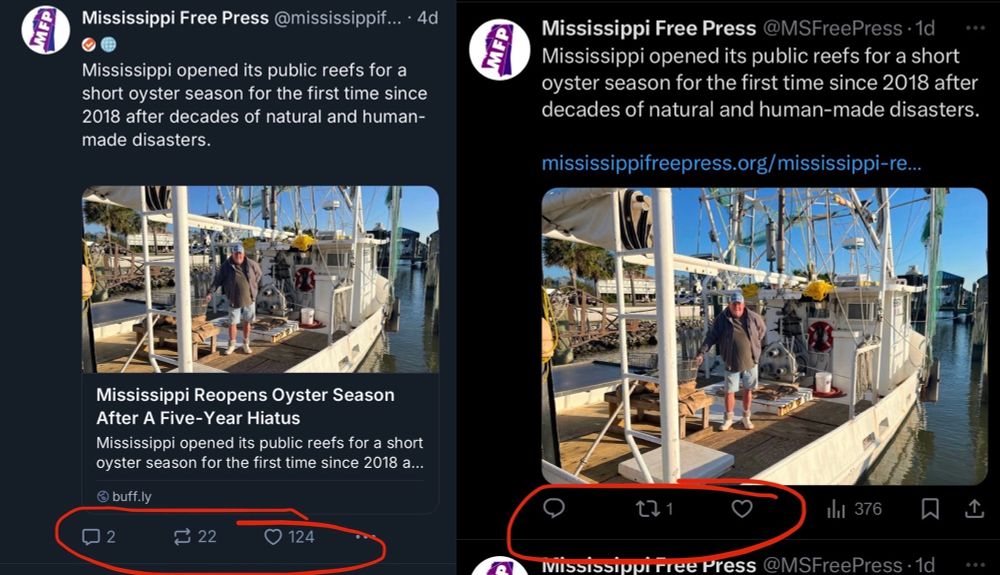 Side by side screenshots of identical BlueSky and X posts both feature the text: "Mississippi opened its public reefs for a short oyster season for the first time since 2018 after decades of natural and human-made disasters."

The BlueSky post has 2 comments, 22 reposts and 124 likes; the X post has 0 comments, 1 retweet and 0 likes