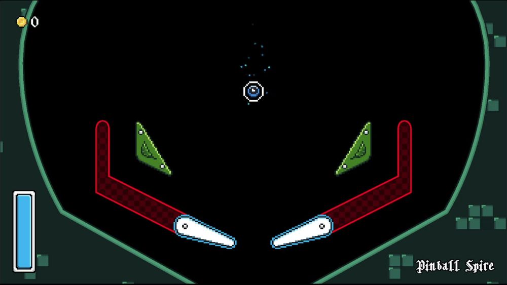 A screenshot from an early build of Pinball Spire in a more rounded teal-coloured room. There's a sparkly icon in the middle with a tiny clock face design, green slingshots, and some very out-of-place red walls connected to the flippers. There's a simple HUD with a blue mana bar and a coin counter.