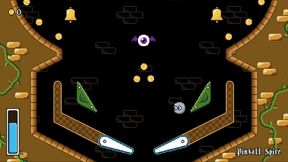 A screenshot from an early build of Pinball Spire with a slightly more elaborate table design in the castle-themed area (still yellowish-brown). The wall textures look a bit more detailed now and there are green vines along the walls. There are gold coins scattered in the room, a couple of bells, and a flying eyeball enemy in the middle.
