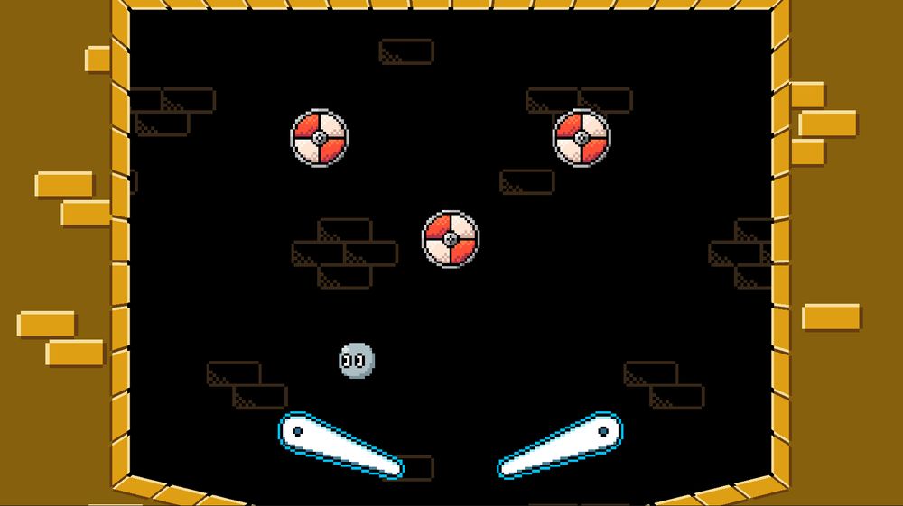 A screenshot from a very early build of Pinball Spire showing a simple yellow-brownish brick room, a few bumpers (that look about the same as in the final game), extra long flippers, and a ball with eyes, but it looks weird and kinda bad.