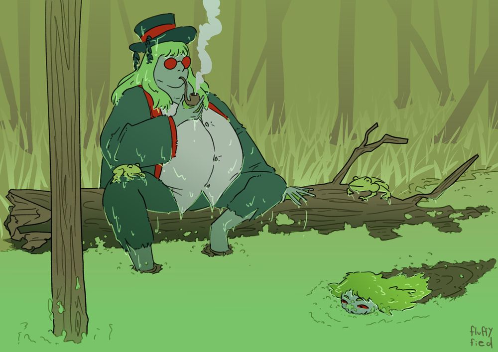 Digital drawing of a frog-like man (a Vodnik) wearing a very wet suit and sitting in a swamp on a fallen tree, smoking a pipe and watching his frog-like daughter. The daughter is swimming through the water, which is full of algae on the surface. She leaves an algae-free trail behind her. 