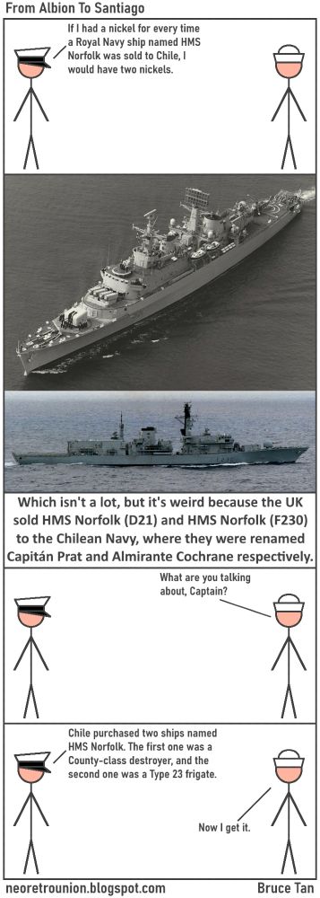 HMS Norfolk (D21) became Capitán Prat (DLH-11) while HMS Norfolk (F230) became Almirante Cochrane (FF-05)