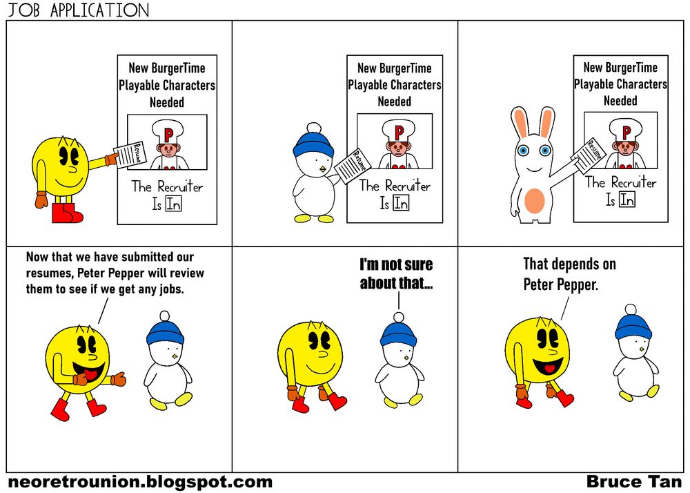 Pac-Man, Hebereke and a Rabbid submitting resumes to Peter Pepper.