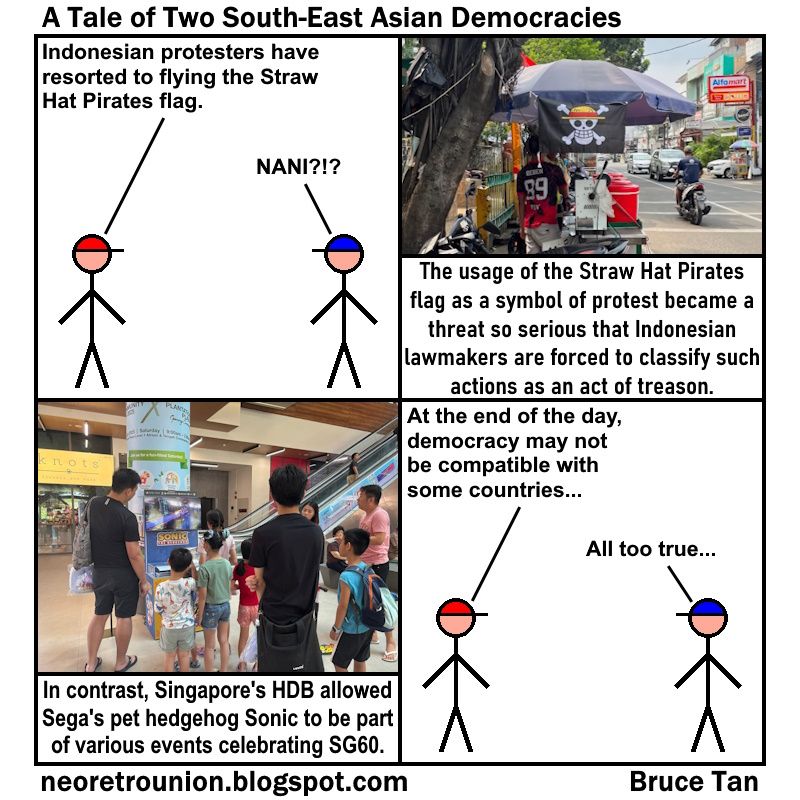 Indonesians are using the Straw Hat Pirates flag from One Piece as a protest symbol, while Singaporeans are celebrating SG60 with a event organised by Sega and the Housing Development Board (HDB).