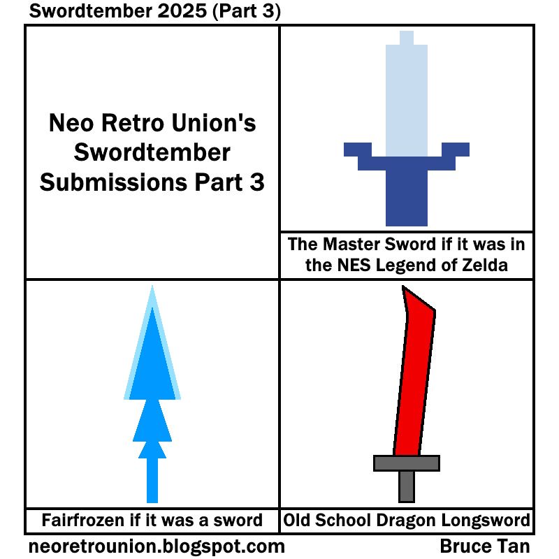 Swords featured in this Swordtember comic: NES Zelda Master Sword, Fairfrozen reimagined as a sword, Old School RuneScape Dragon Longsword