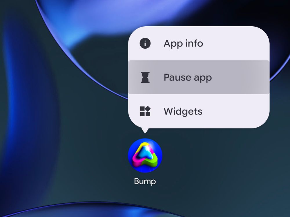 My phone's home screen showing the shortcut menu for the Bump app, with the 'Pause app' option highlighted.