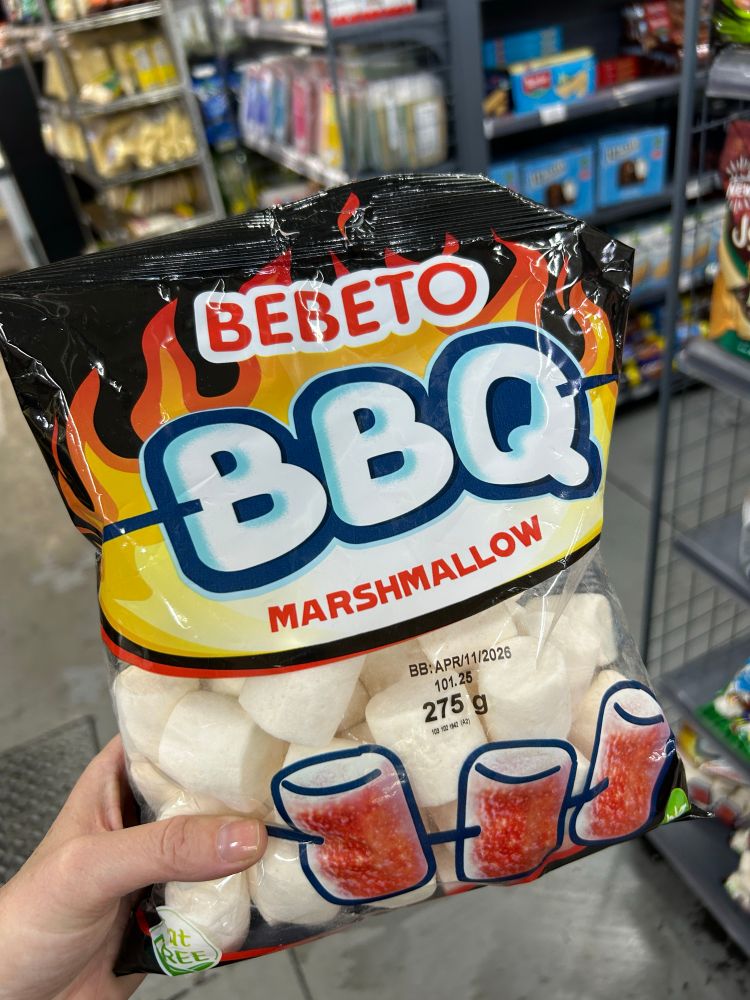 Bag of large marshmallows with big letters BBQ suggesting that perhaps they are BBQ flavored. 