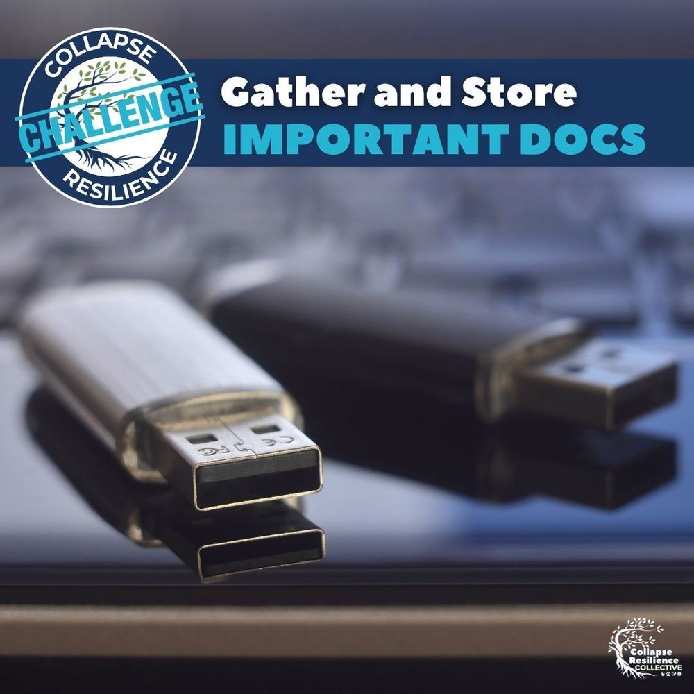 Image shows flash drives. Text says: Collapse Resilience Challenge: Gather and Store Important Docs.