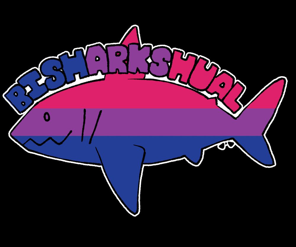 Shark colored like the bisexual flag, labeled "bisharkshual"