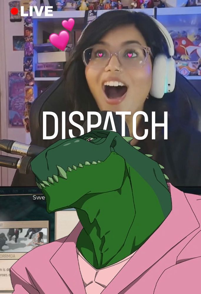 Taken from a TikTok live stream. Kir is on the top half with hearts in her eyes and next to her head with an excited expression. The words Dispatch are in the centre with a cutout of Sweetalker, a dinosaur with a pink shirt from the video game, Dispatch