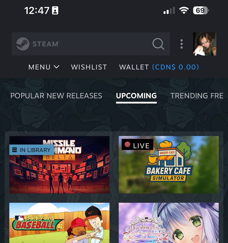 A screenshot of the Steam video game platform homepage “Upcoming” chart, showing a game called Missile Command Delta in top spot (followed by Bakery Cafe Simulator and other video games).