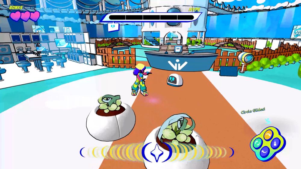 A video game screenshot depicting a dance battle between a dancing, brightly coloured cartoon person in chunky sneakers, versus a static, tiny monitor-sized robot with a screen for a face. A UI element in bottom right has the words ‘Circle Glides!’ overtop indicating the dance move being performed by the person. 