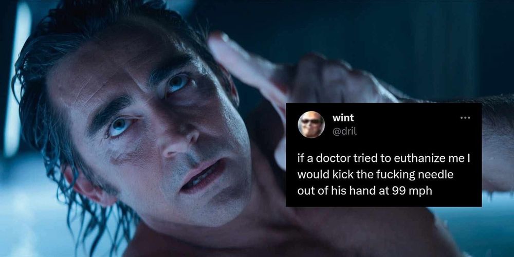 Brother Day with a tweet that says 

"If a doctor tired euthanize me I would kick the fucking needle out of his hand at 99 mph"