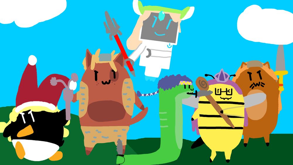 (from left to right) Charlotte, Kevin, Riesz, Hawkeye, Angela, Duran