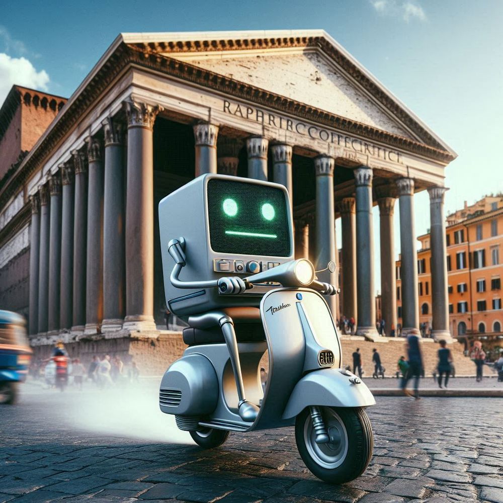 Ein mit KI-Unterstützung generiertes Bild zeigt einen personifizierten Computer, der auf einer Vespa sitzend in Rom am Pantheon vorbeifährt.