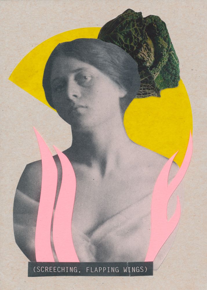 A collage of a woman in three-quarter bust view on gray newsprint. She has her hair in an old-fashioned up do and wears a dress with wide neckline. In front of her dance some narrow pink flames, while behind her head a large yellow semicircle and an incongruent green cabbage float against the neutral taupe background. A closed-caption sound effect that serves as the piece’s title sits below her in a dark gray box, reading (SCREECHING, FLAPPING WINGS). © Shanna Compton, 2025, from the artist book Deep Whoosh.