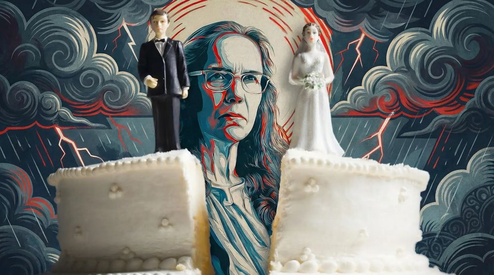 Heather Cox Richardson mural stares on as bride and groom on wedding cake are split apart 
