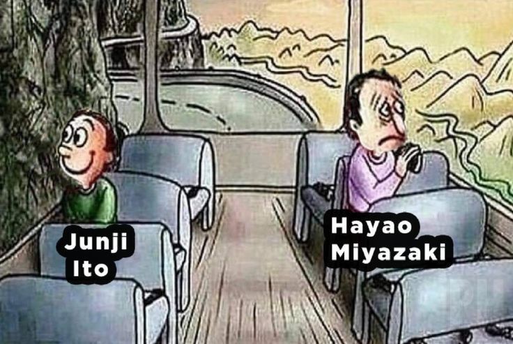 Junji ito looking at a bleak mountainside and smiling cheerily, Hayao Miyazaki staring at a gorgeous landscape and looking depressed 