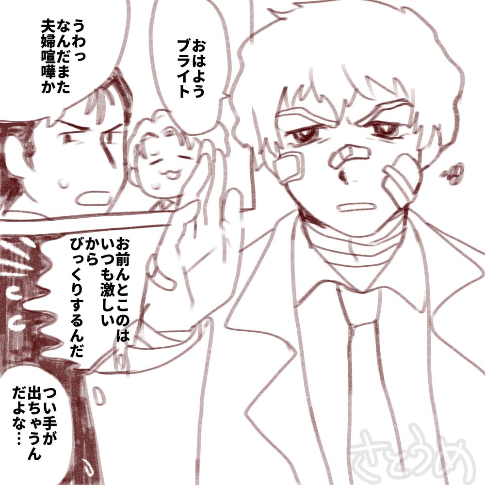 シャアと結婚しているアムロ。しかし暴力的な夫婦喧嘩が絶えず、時々怪我だらけで出社してくるためブライトや同僚に驚かれる。
