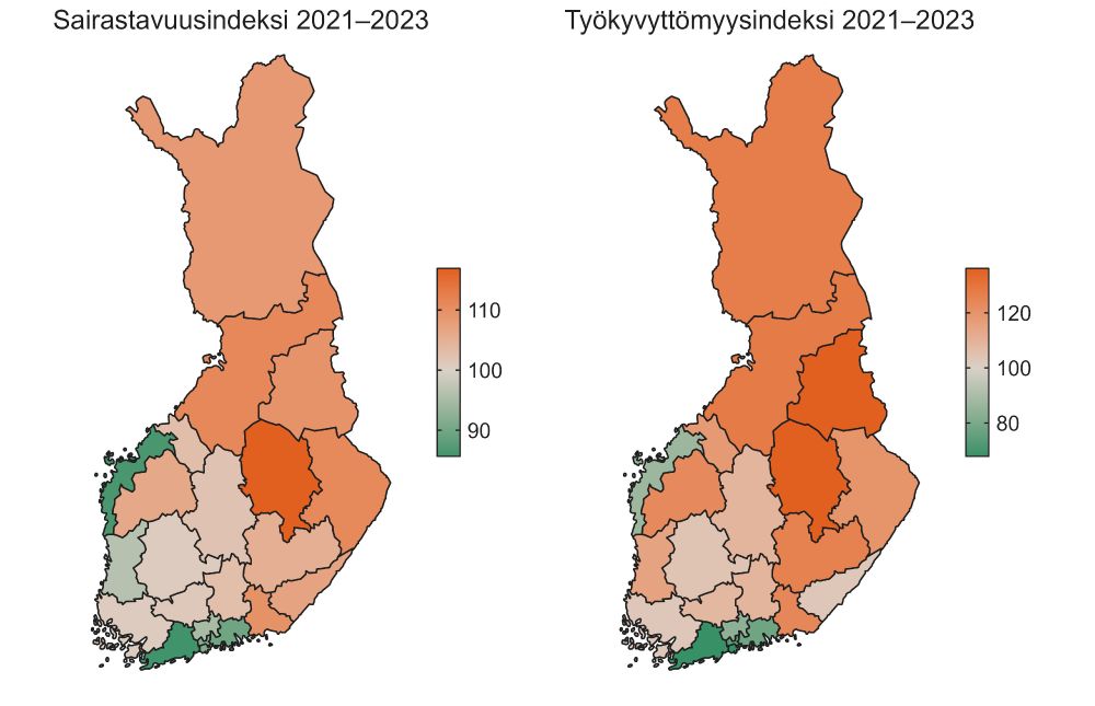 Kansallisen terveysindeksin karttakuvat. Kuvista näkee, että sekä sairastavuus että työkyvyttömyys ovat yleisempiä idässä ja pohjoisessa kuin lännessä ja etelässä.