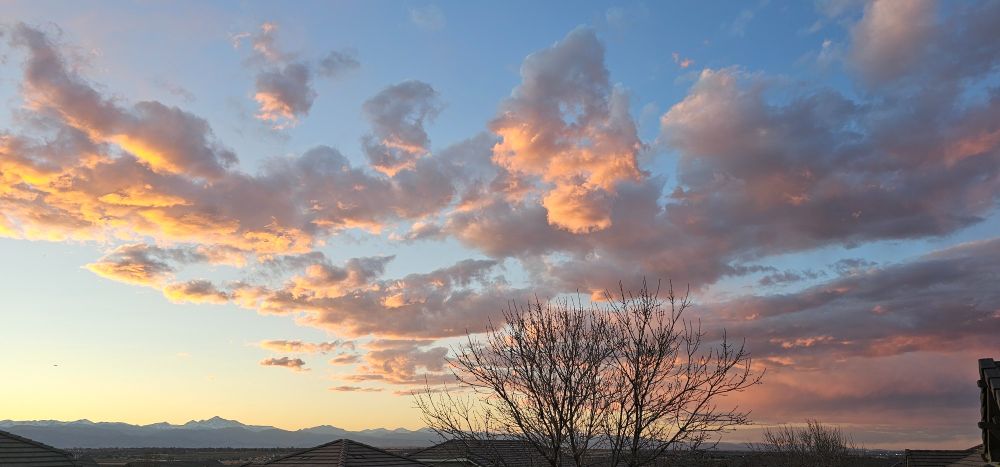 Sunset (7:18 p.m.) photo. Mount Meeker/Longs Peak center-left.