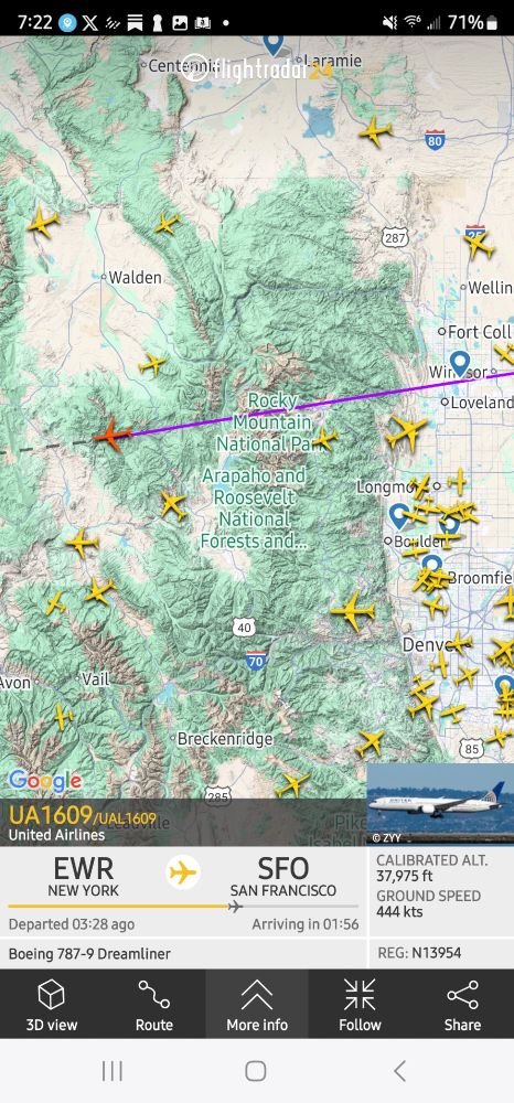Flight path/position of the jet responsible for the contrail is indicated by the purple solid/dashed line. The jet was 37,975' above sea level; its ground speed was 511 mph. It's position was over the Rabbit Ears Range south of Walden and north of Kremmling. [Screen grab from Flightradar24 app.]