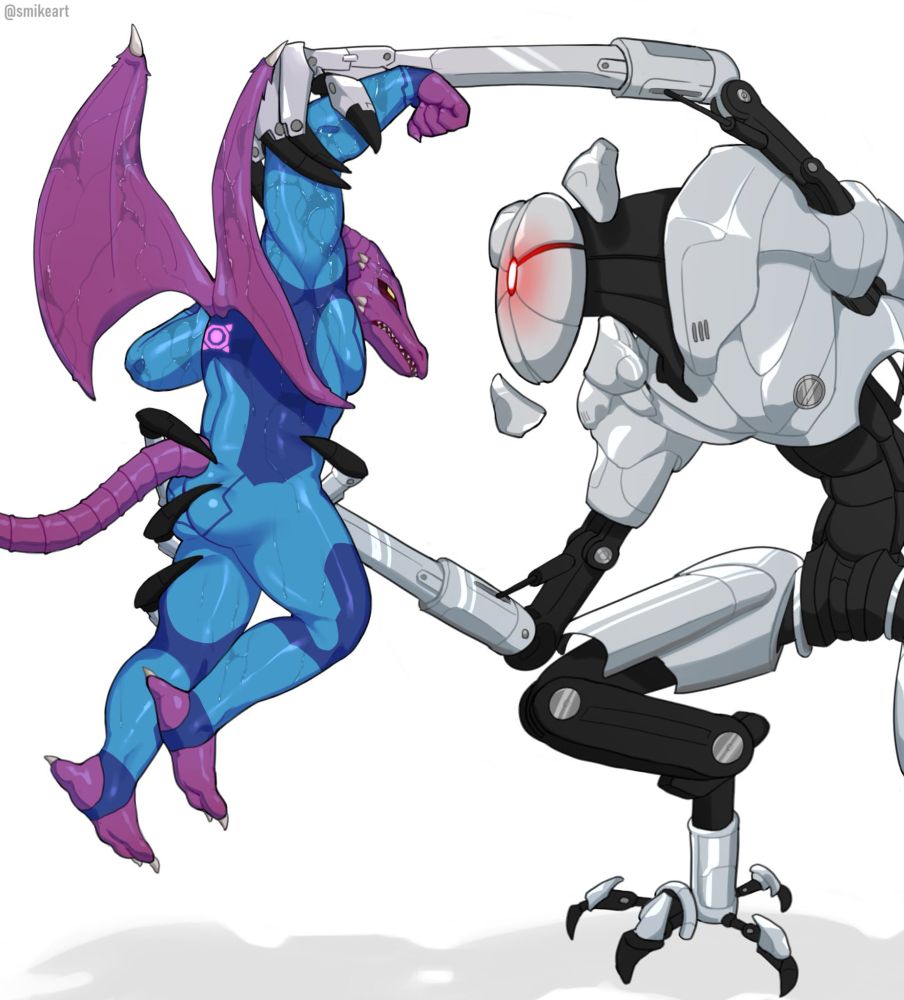 An Anthropomorphized Ridley in a Zero Suit being heled up by his midsection and arm by an EMMI from Metroid Dread. He is suspened in the air, partially restrained by the robot.