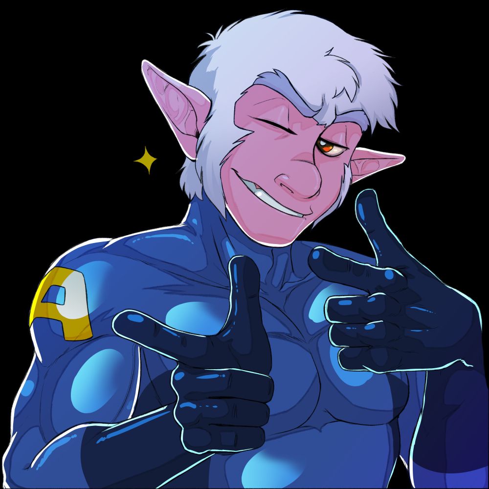 A macaque wearing a glossy skintight suit from the neck down pointing fingerguns at someone off-screen, one eye winking and a sparkle to the left of his head.