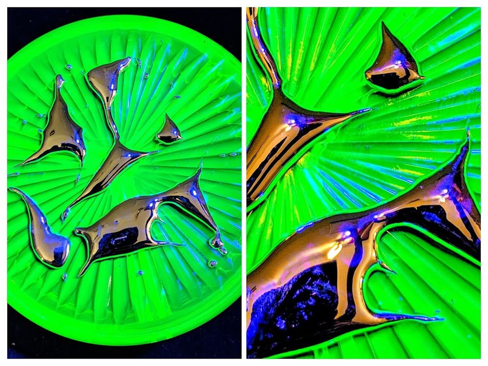Gallium on antique uranium glass under UV light