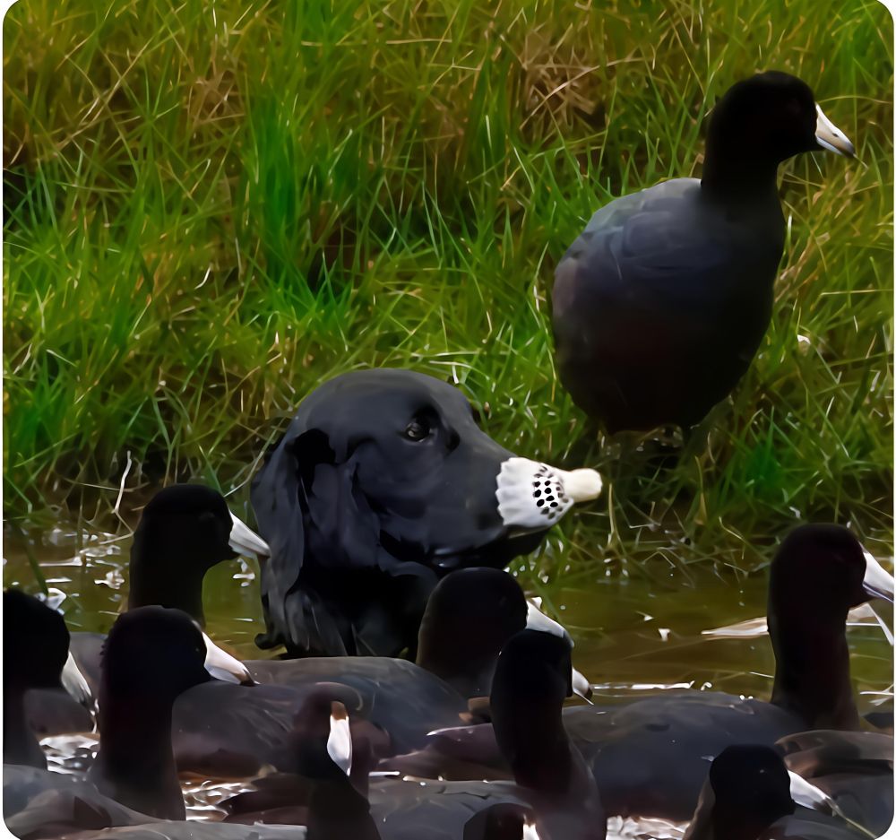 Un chien avec un volet de badminton sur le nez qui passe inaperçu parmi une horde de canards. 