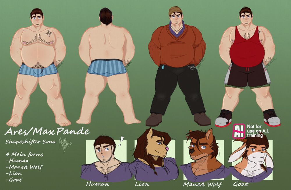 Maxpande Shapeshifter Sona ref sheet featuring basic body ref, casual clothes, gym clothes, and 4 of their forms as busts.