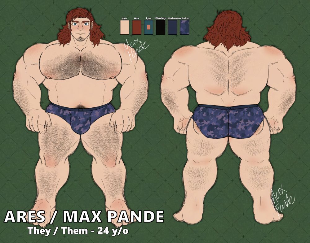 A reference sheet, front and back views, of me! Albeit bara. They are a muscular, masculine looking person with a lot of body hair and freckles, shoulder length shaggy red hair, and blue eyes. They're wearing a pair of camouflage briefs. In the corner my name/username is written alongside my pronouns (they/them) and age (24).