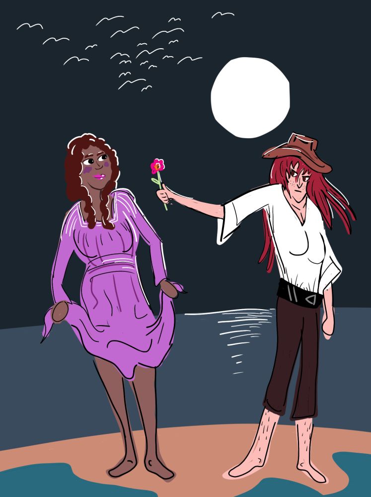 Max and Anne from Black Sails, standing on a shore under a full moon; Anne is offering Max a flower.