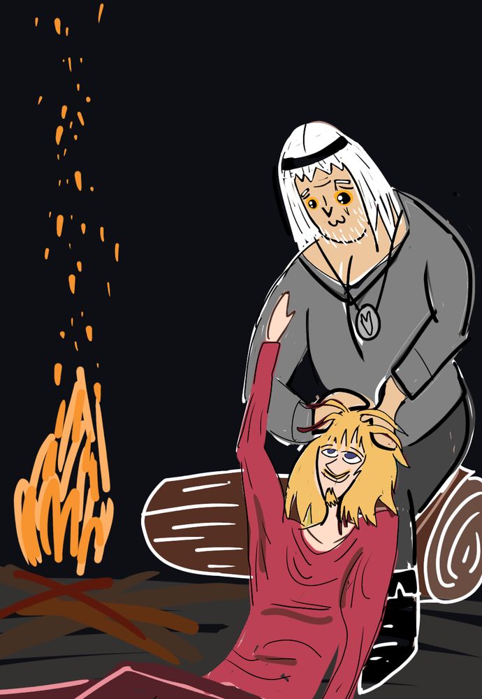 Geralt and Dandelion from The Witcher, sitting by a campfire; Geralt is playing with Dandelion's hair.