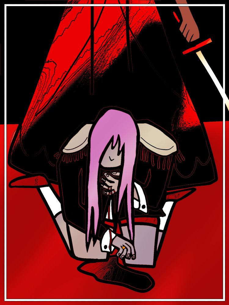 Anthy and Utena from Revolutionary Girl Utena, the scene in the finale after SPOILER WARNING Anthy stabs Utena in the back. Utena's on her knees, all we can see of Anthy is her dress and her hand gripping the sword