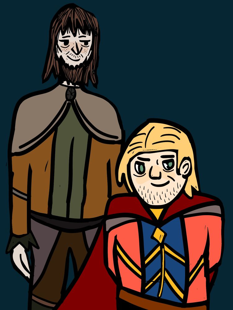 Bronn and Tyrion from A Song of Ice and Fire, just standing there looking sneaky (actually Tyrion's looking sneaky but Bronn's looking at Tyrion with a <3 <3 <3 kinda expression).
