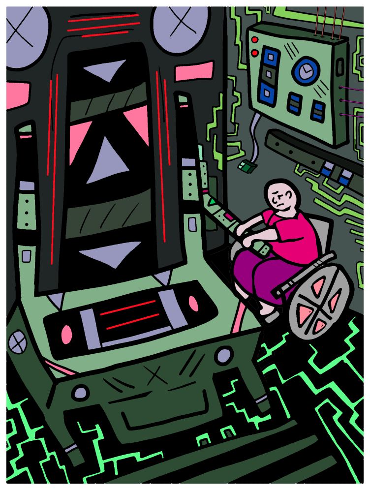A scene from DOOMHOLD, my short story series; a bald man in a wheelchair fiddling with a contraption, surrounded by wires and buttons.