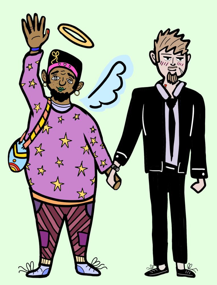 Two people holding hands; the one on the left is wearing a very bright outfit incorporating stripes, stars, and lots of pink, and also has a halo and wings; the one on the right is a wearing a plain black suit and blushing.