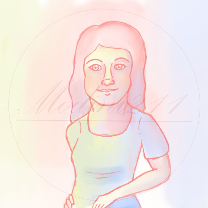 A woman with red, yellow, and blue tones.