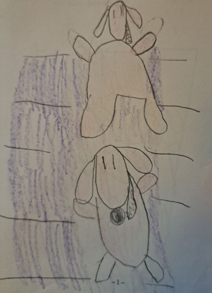 First-grade drawing of two pink dogs in a parking lot.