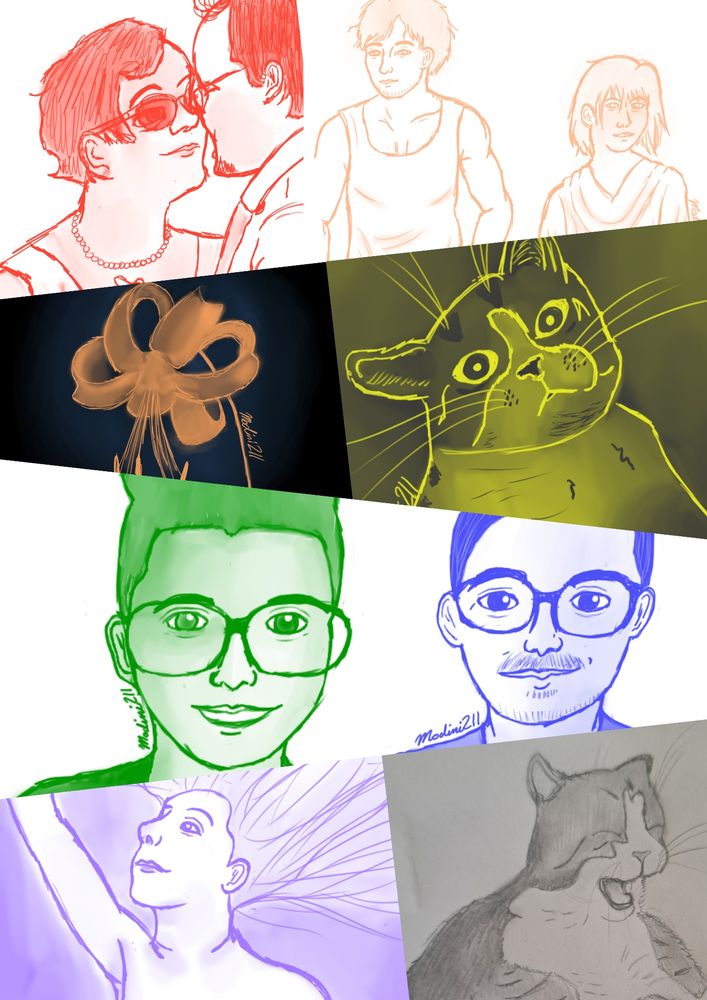 My husband and I in red, a boy and a girl in orange/pink, a lily in orange, my cat Maple in yellow, Emerldd in green, Savac in blue, a mermaid in purple, and my cat Oak in gray.