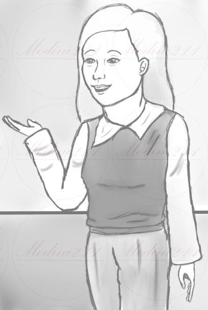 My OC named Sue holding her hand up in a sweater vest. She is an adult working at a school.